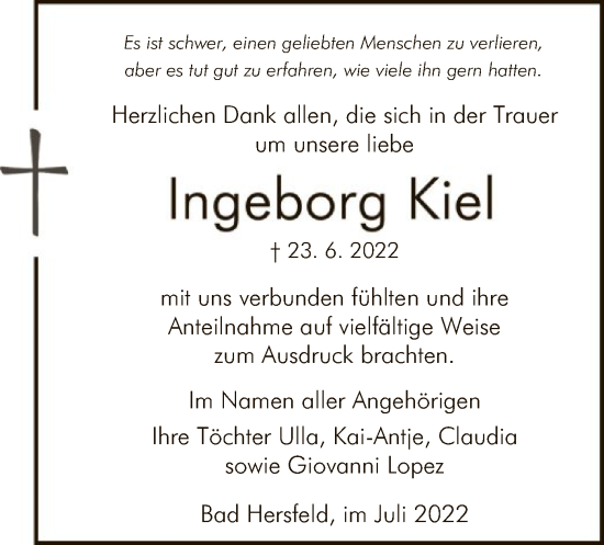 Todesanzeige von Ingeborg Kiel von HZ