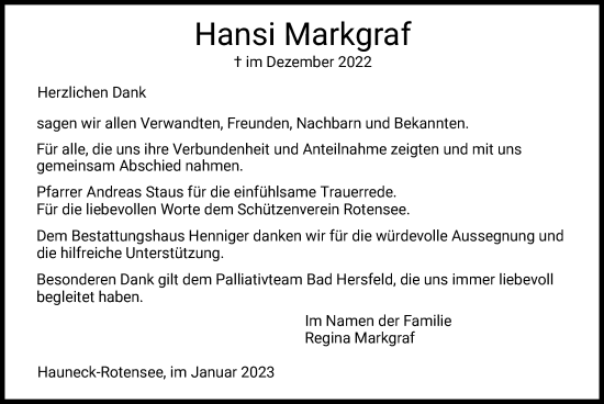 Todesanzeige von Hansi Markgraf von HZ