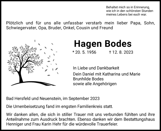 Todesanzeige von Hagen Bodes von HZ