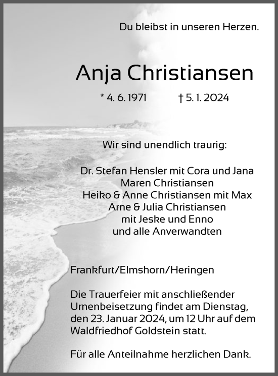 Todesanzeige von Anja Christiansen von HZHNA