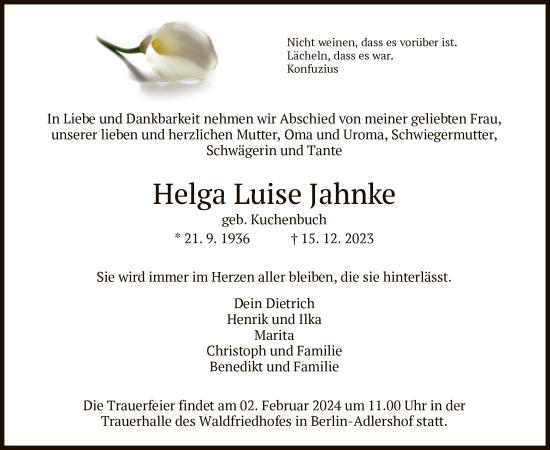 Todesanzeige von Helga Luise Jahnke von HZ