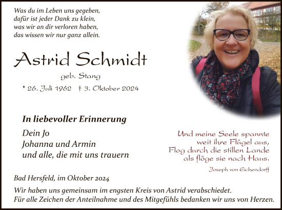 Todesanzeige von Astrid Schmidt von HZ