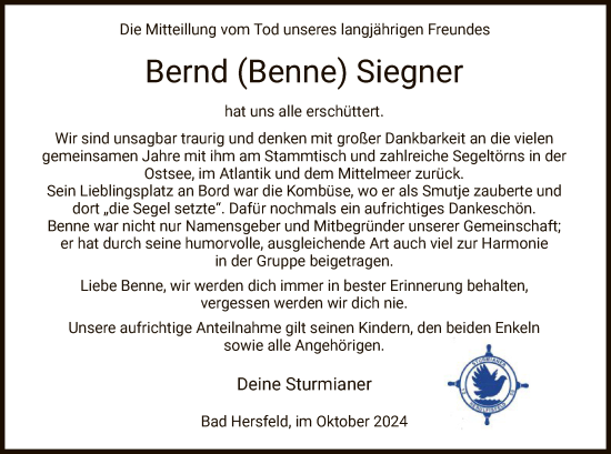 Todesanzeige von Bernd Siegner von HZ