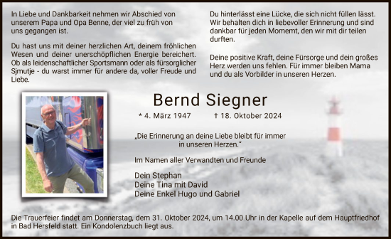 Todesanzeige von Bernd Siegner von HZ