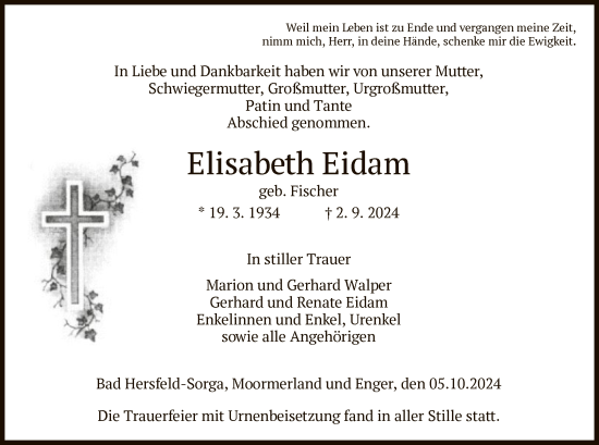 Todesanzeige von Elisabeth Eidam von HZ