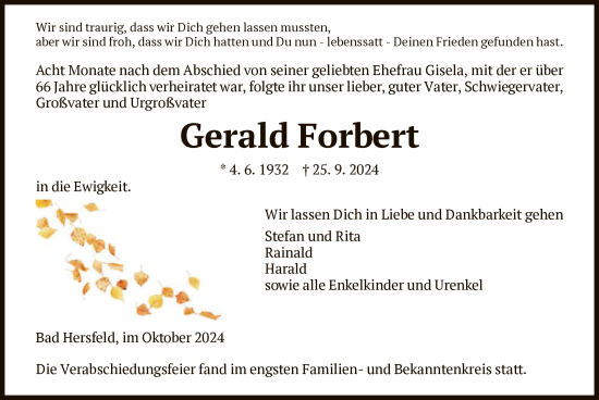 Todesanzeige von Gerald Forbert von HZ