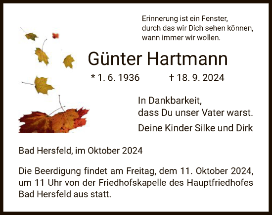 Todesanzeige von Günter Hartmann von HZHNA