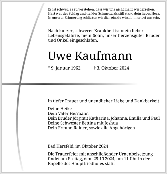 Todesanzeige von Uwe Kaufmann von HZHNA