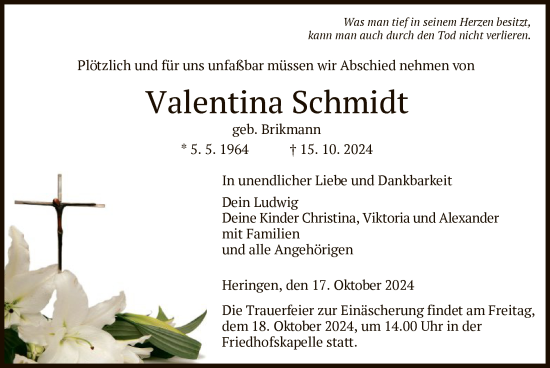 Todesanzeige von Valentina Schmidt von HZ