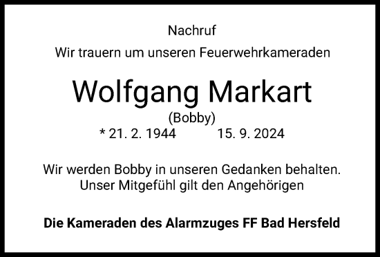 Todesanzeige von Wolfgang Markart von HZ