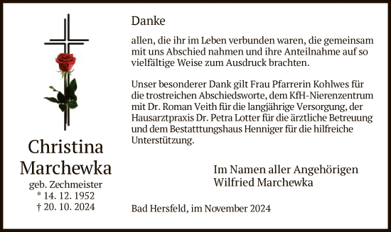 Todesanzeige von Christina Marchewka von HZ