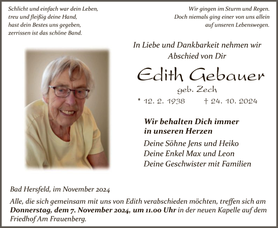 Todesanzeige von Edith Gebauer von HZHNA