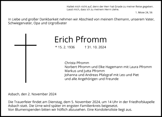 Todesanzeige von Erich Pfromm von HZ