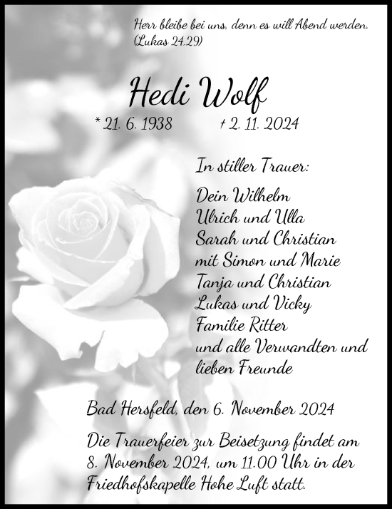 Todesanzeige von Hedi Wolf von HZ