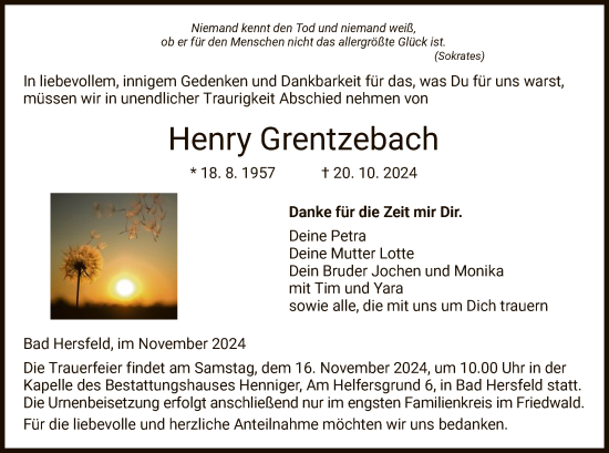 Todesanzeige von Henry Grentzebach von HZ