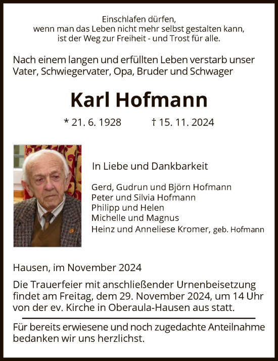 Todesanzeige von Karl Hofmann von HZ