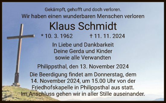 Todesanzeige von Klaus Schmidt von HZ