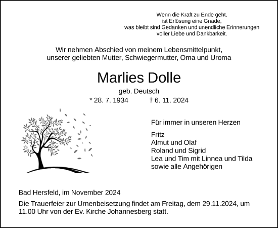 Todesanzeige von Marlies Dolle von HZHNA