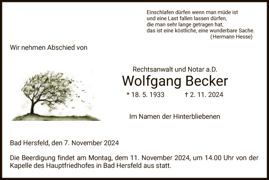 Todesanzeige von Wolfgang Becker von HZ