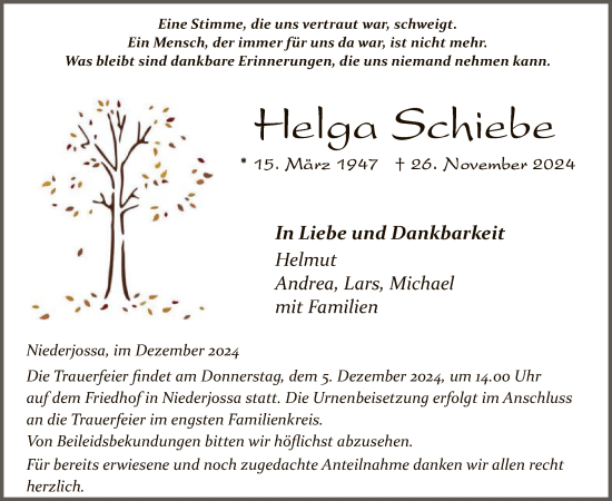 Todesanzeige von Helga Schiebe von HZ