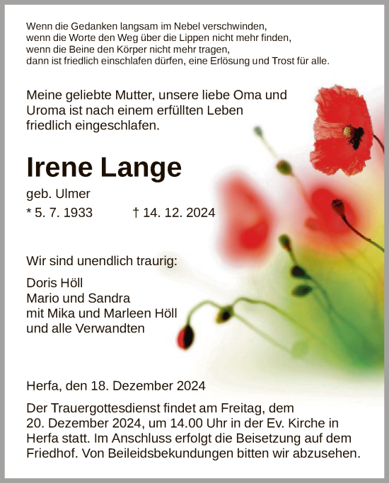 Todesanzeige von Irene Lange von HZ