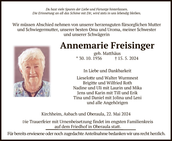 Todesanzeige von Annemarie Freisinger von HZ