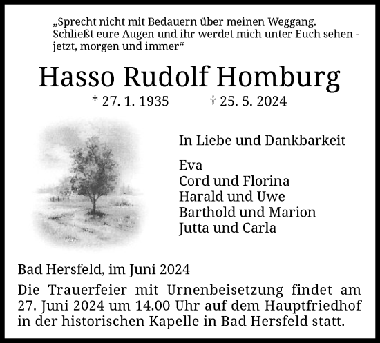 Todesanzeige von Hasso Rudolf Homburg von HZ