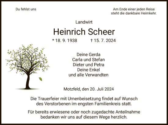 Todesanzeige von Heinrich Scheer von HZ