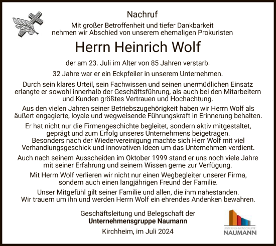 Todesanzeige von Heinrich Wolf von HZHNA