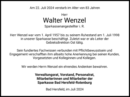 Todesanzeige von Walter Wenzel von HZ