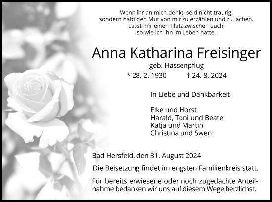 Todesanzeige von Anna Katharina Freisinger von HZ