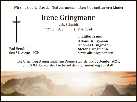 Todesanzeige von Irene Gringmann von HZ