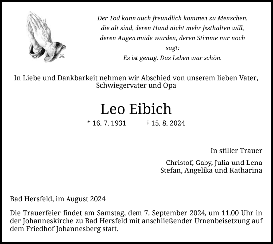 Todesanzeige von Leo Eibich von HZ