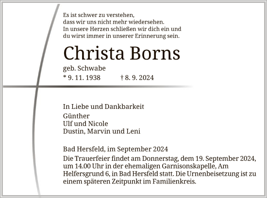 Todesanzeige von Christa Borns von HZ