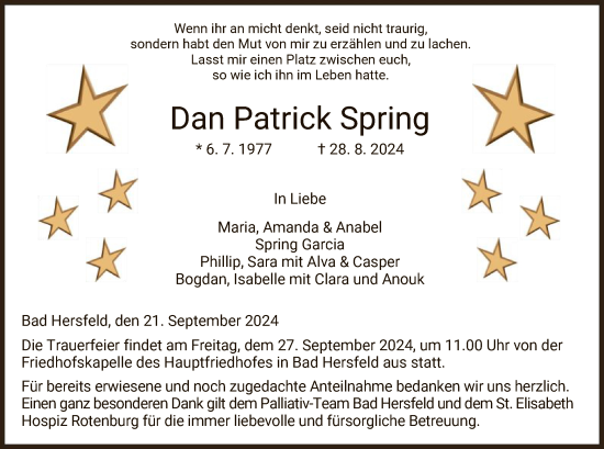 Todesanzeige von Dan Patrick Spring von HZ