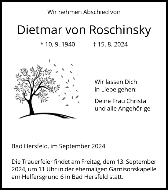 Todesanzeige von Dietmar von Roschinsky von HZ