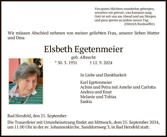 Todesanzeige von Elsbeth Egetenmeier von HZ