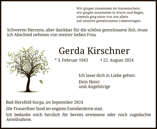 Todesanzeige von Gerda Kirschner von HZ