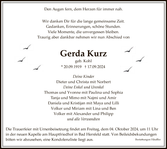 Todesanzeige von Gerda Kurz von HZHNA