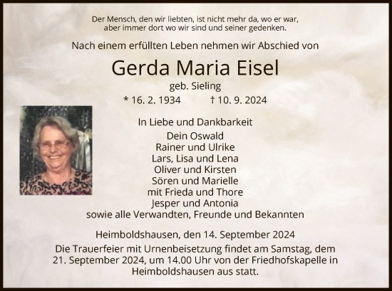 Todesanzeige von Gerda Maria Eisel von HZ