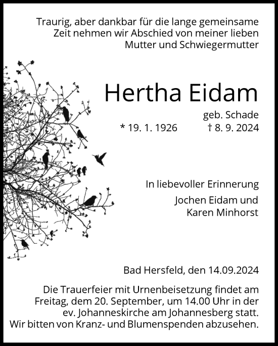 Todesanzeige von Hertha Eidam von HZHNA