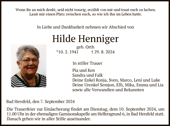 Todesanzeige von Hilde Henniger von HZ