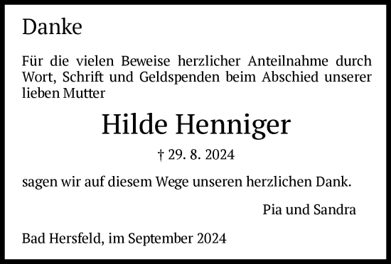 Todesanzeige von Hilde Henniger von HZ