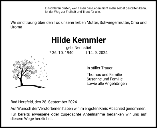 Todesanzeige von Hilde Kemmler von HZ