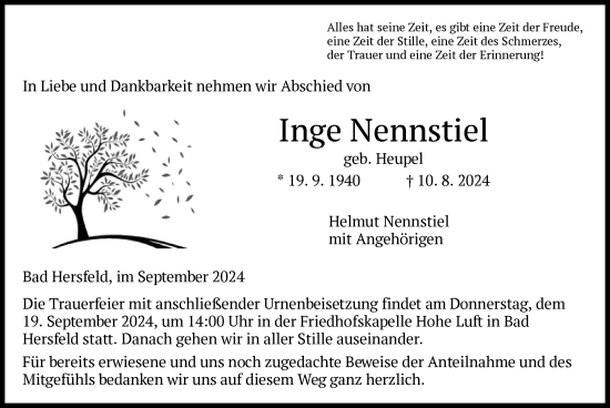 Todesanzeige von Inge Nennstiel von HZ