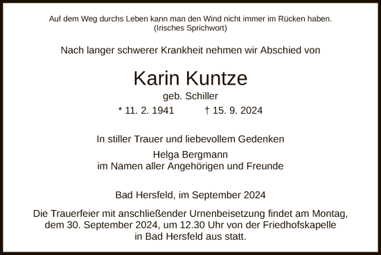 Todesanzeige von Karin Kuntze von HZHNA