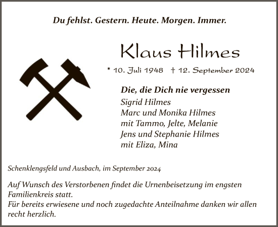 Todesanzeige von Klaus Hilmes von HZ