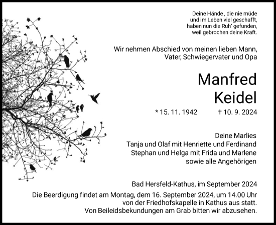 Todesanzeige von Manfred Keidel von HZ