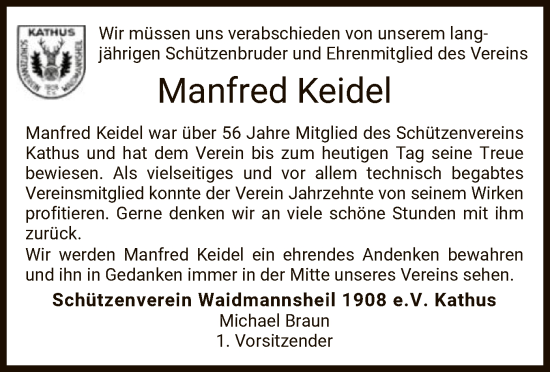 Todesanzeige von Manfred Keidel von HZ