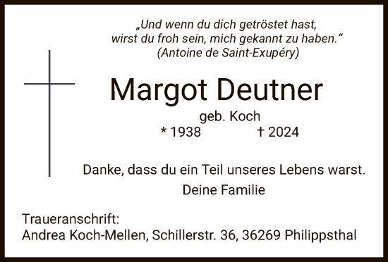 Todesanzeige von Margot Deutner von HZ